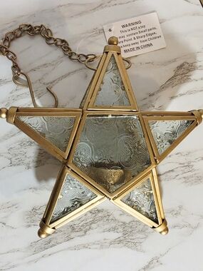 Gold Star Glass Hanging Lantern Tea Light Holder